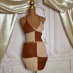 Two-Tone Knit Halter Top and Skirt Set